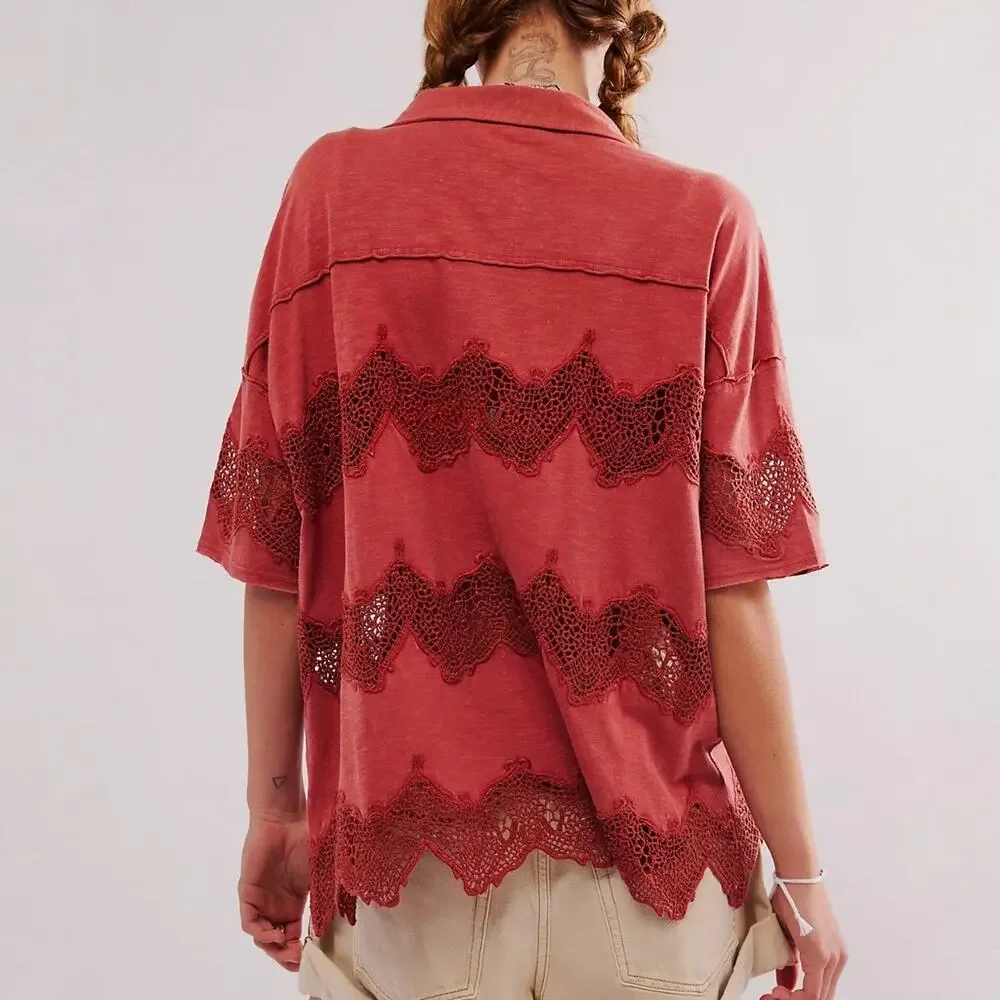 Free People We The Free Luca Tee Rust Crochet Lace Oversized Top Sz S
